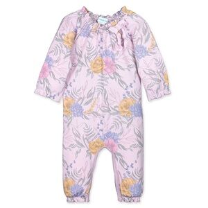 Feather Baby Bow Romper L/S in "Zoey on Pink" pattern